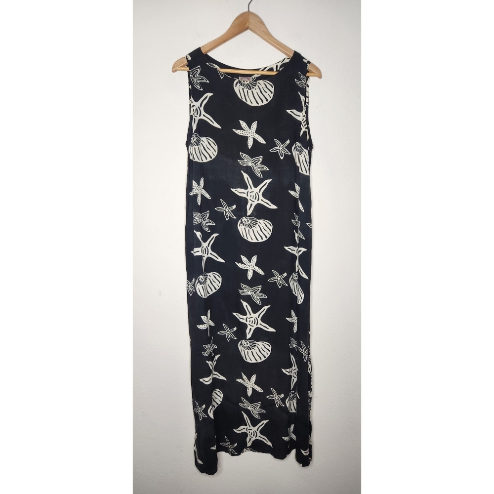 Peppermint Bay Womens Large Black White Seashells Maxi Rayon Tank Dress
